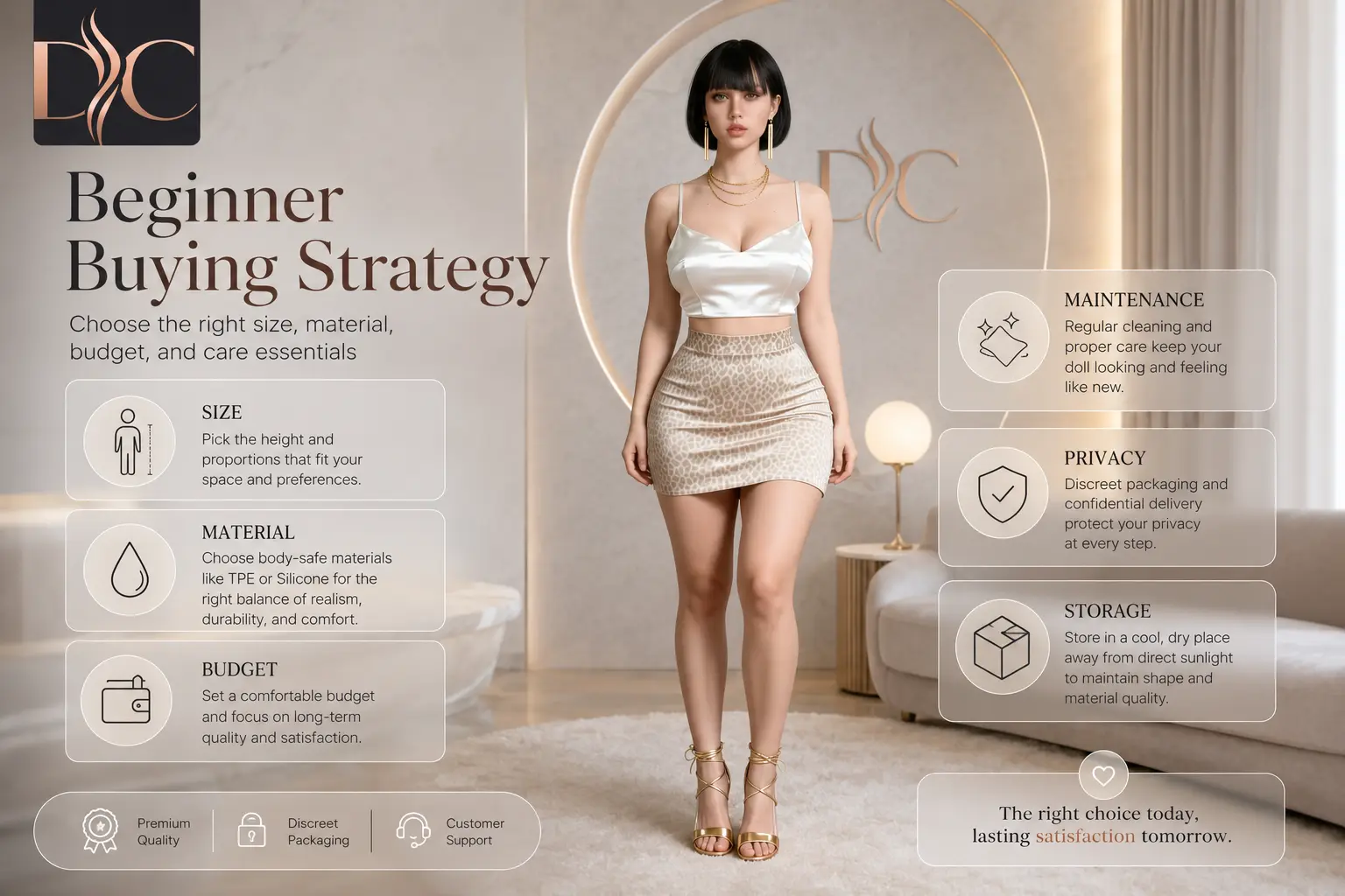 Beginner sex doll buying strategy with size, material, budget, storage, privacy, and maintenance icons