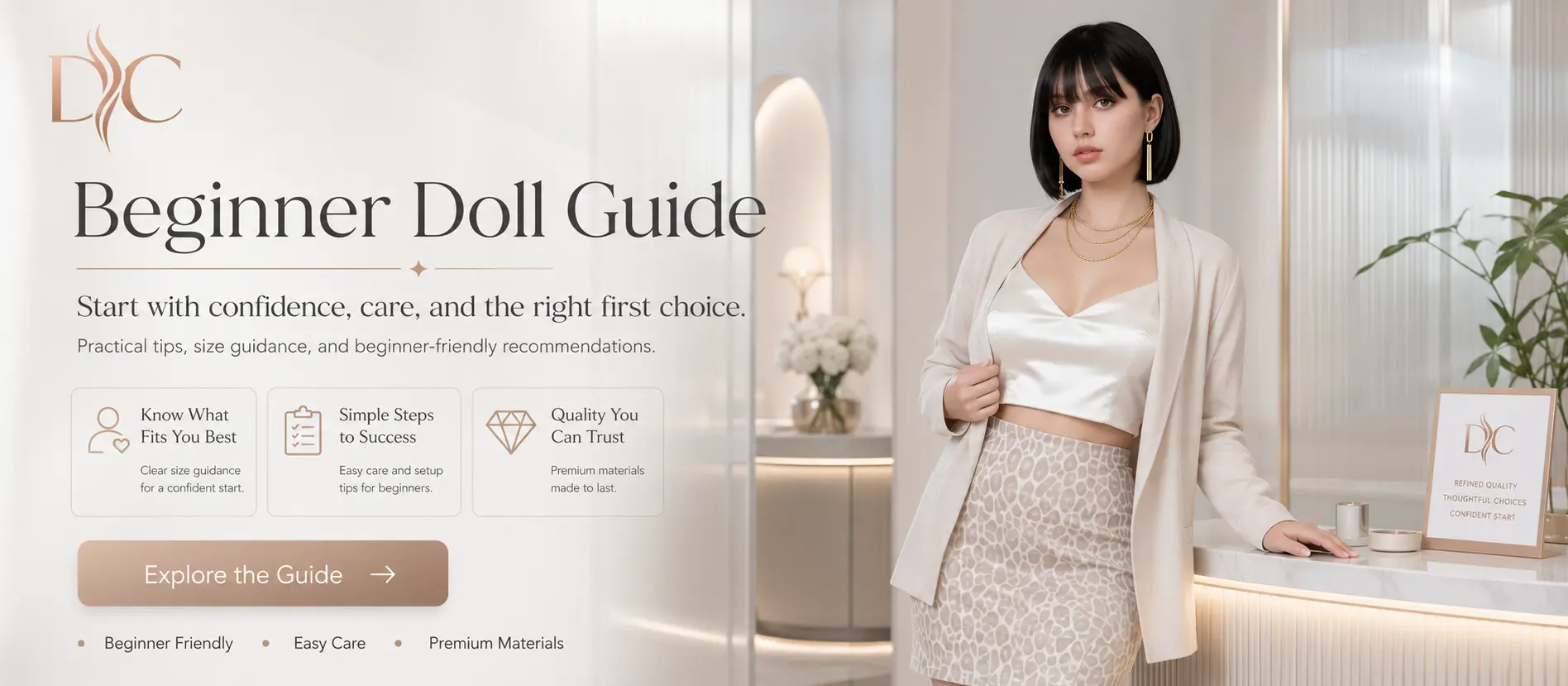 Beginner sex doll guide CTA banner with elegant checklist elements and premium showroom styling
