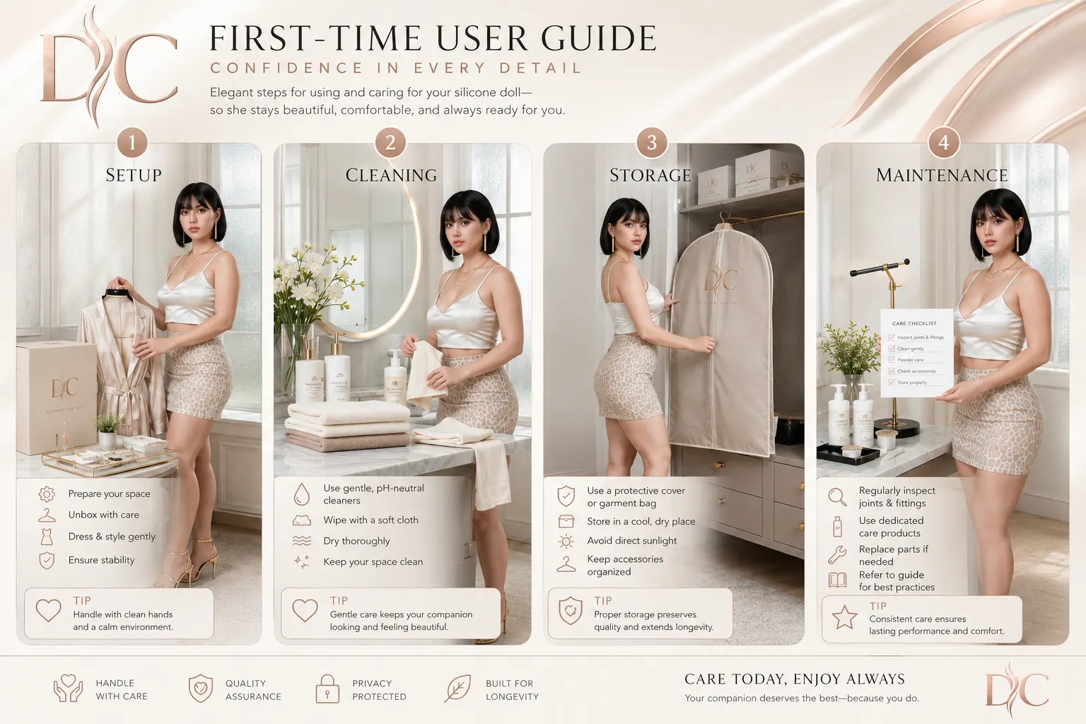 First sex doll experience tips showing setup, cleaning, storage, and maintenance steps in an editorial layout
