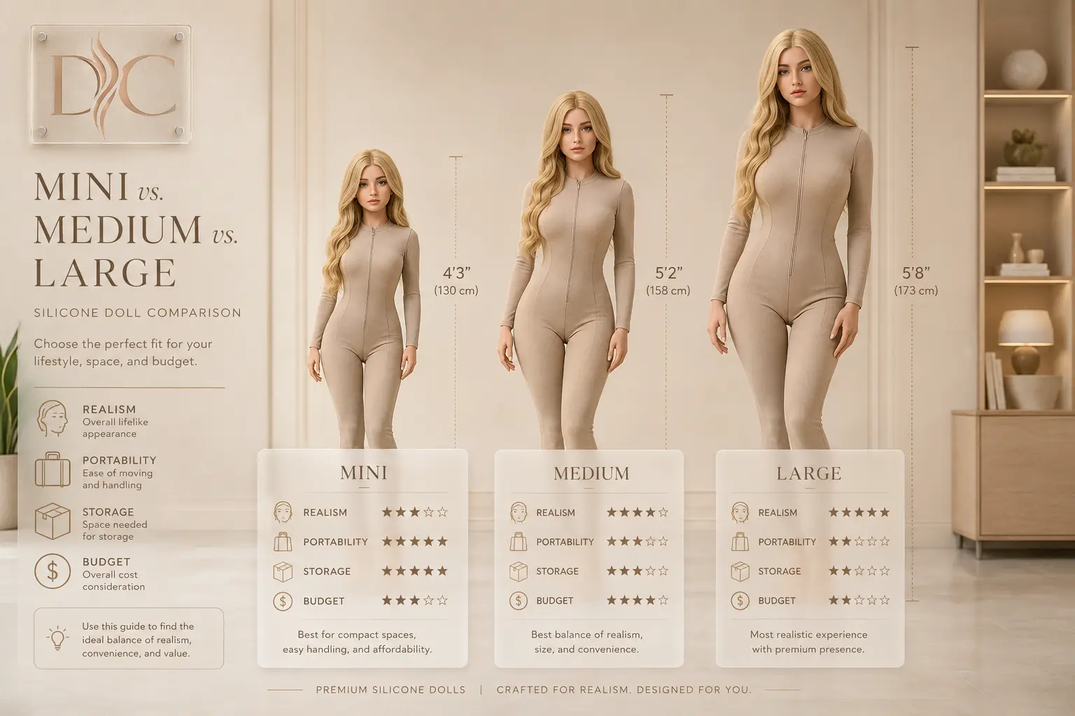 mini vs full size sex doll comparison chart with mini medium and large dolls