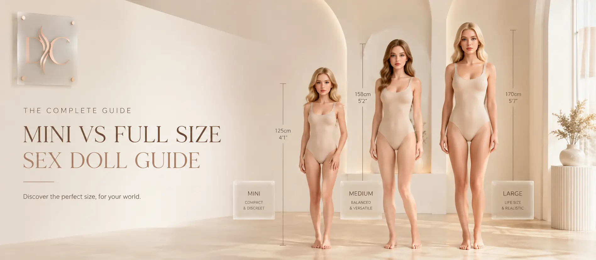 mini vs full size sex doll guide hero with mini medium and large size comparison
