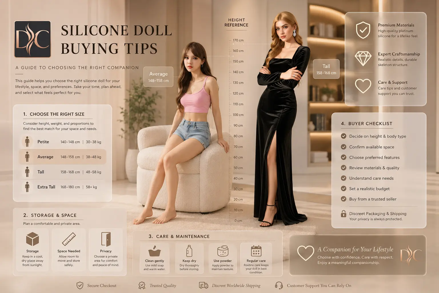 Silicone doll size and buying tips for choosing height weight and storage needs
