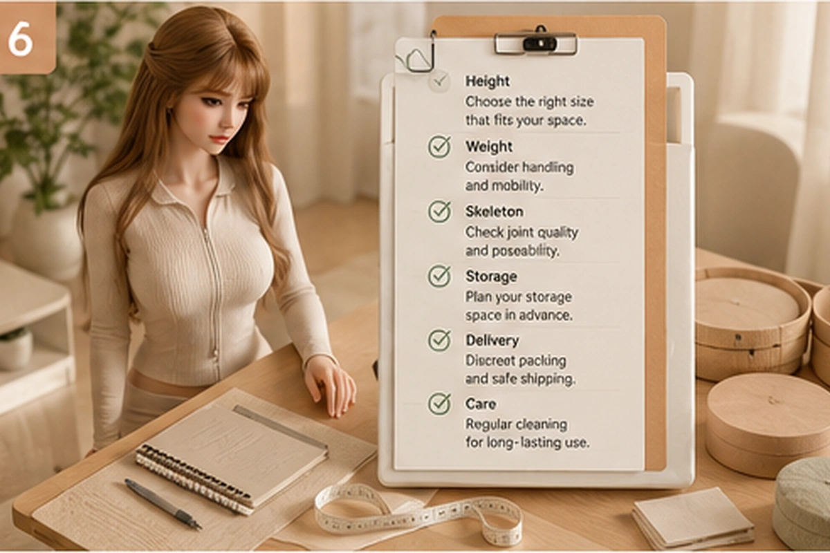 Buyer planning scene for choosing TPE sex dolls by size weight storage and care needs