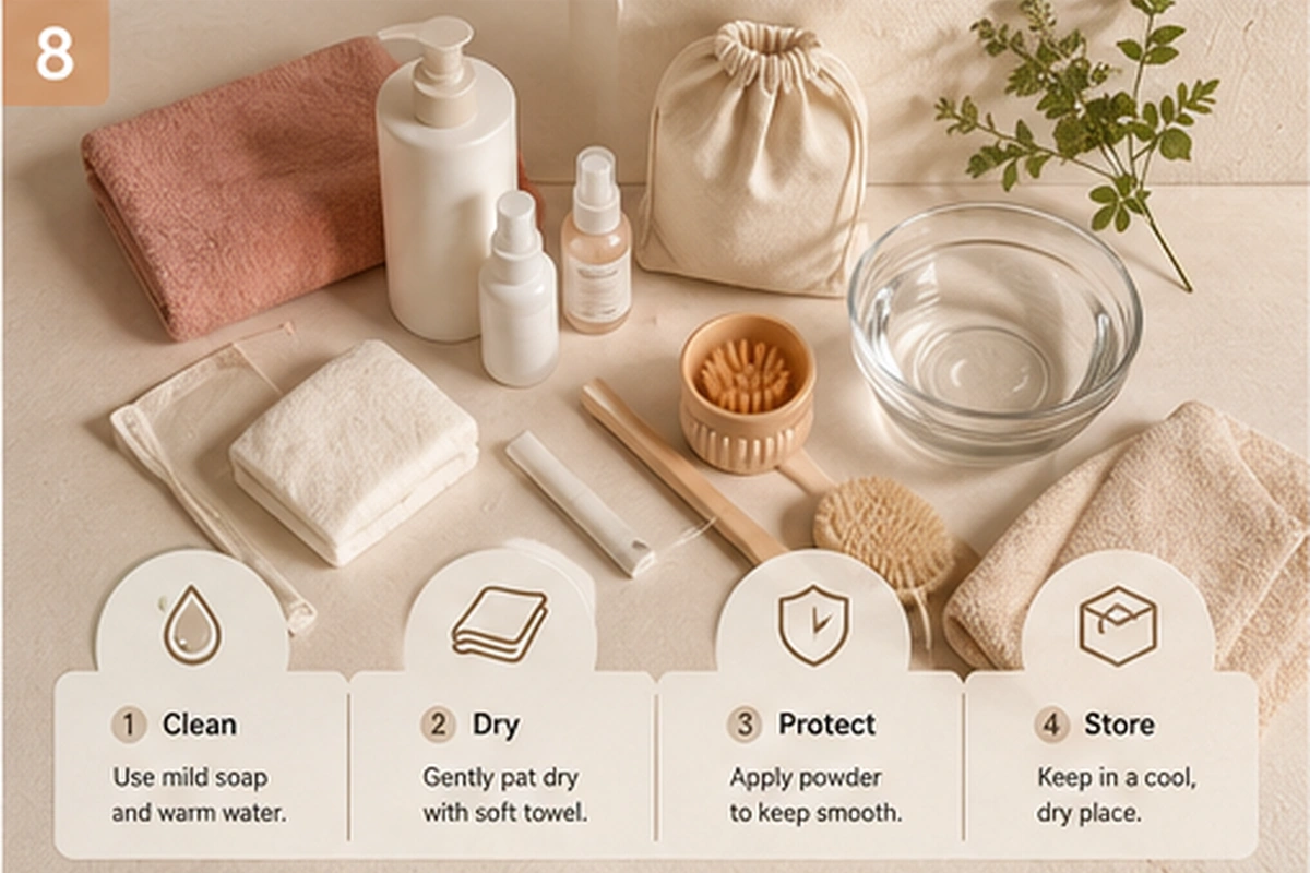 Warm product care routine visual for TPE sex dolls including cleaning drying and storage