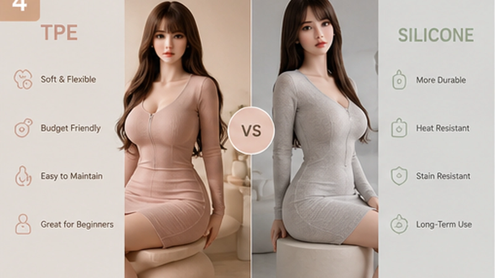 Visual comparison between TPE sex dolls and silicone sex dolls in a premium showroom