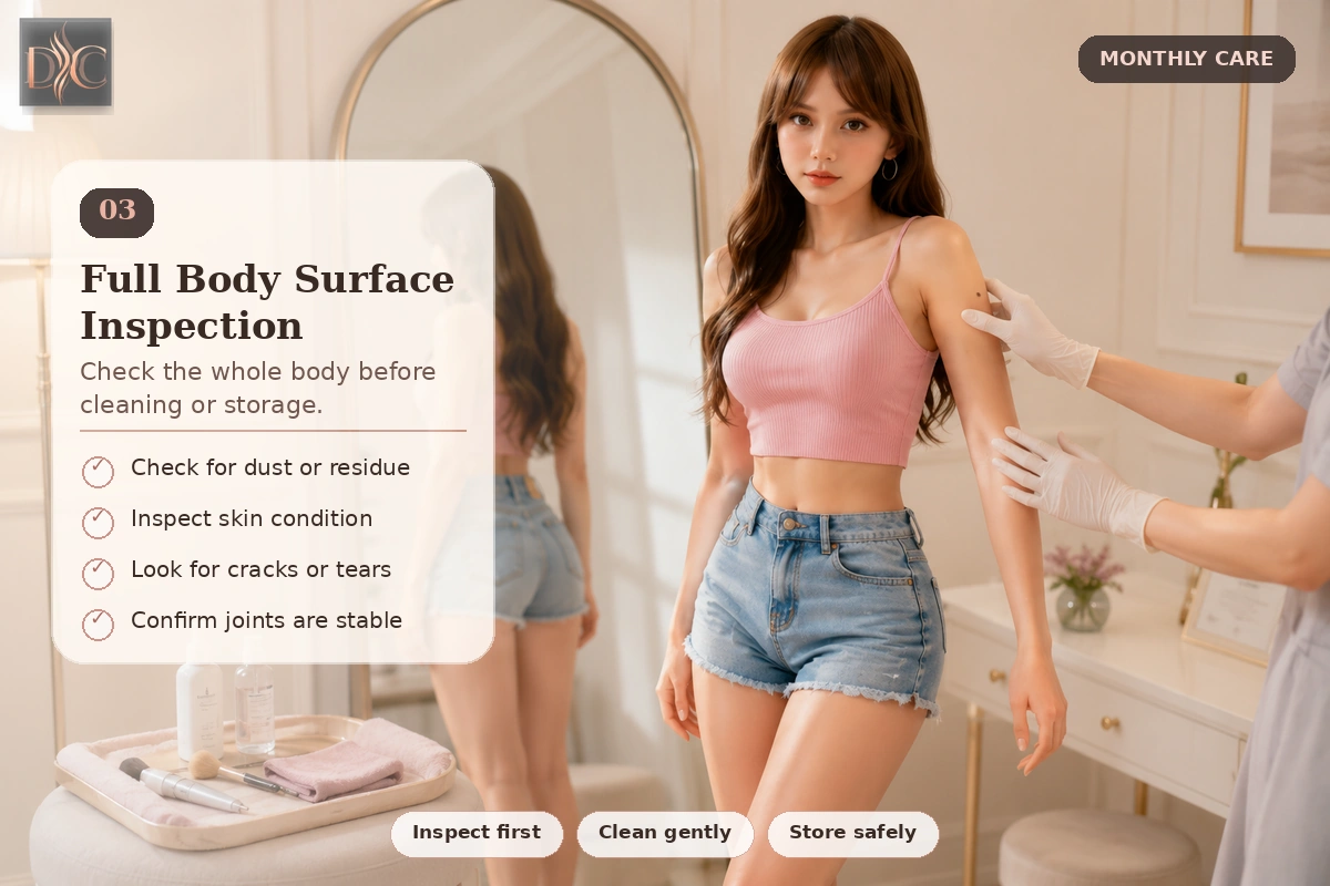 Full body inspection step in a sex doll maintenance checklist