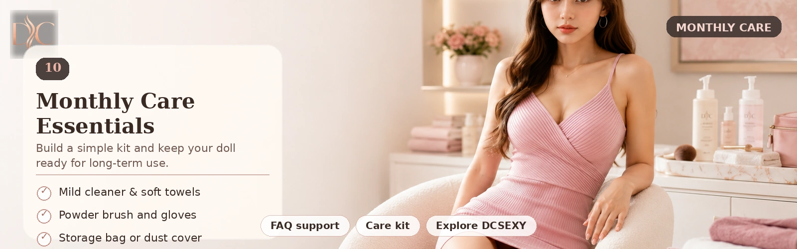 Monthly doll care FAQ CTA banner for sex doll maintenance checklist