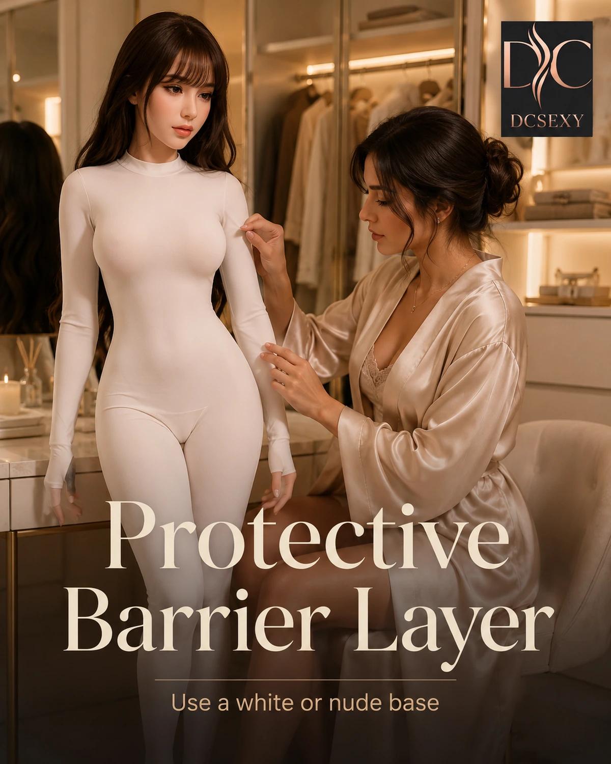 White protective bodysuit used to prevent clothing dye transfer on dolls
