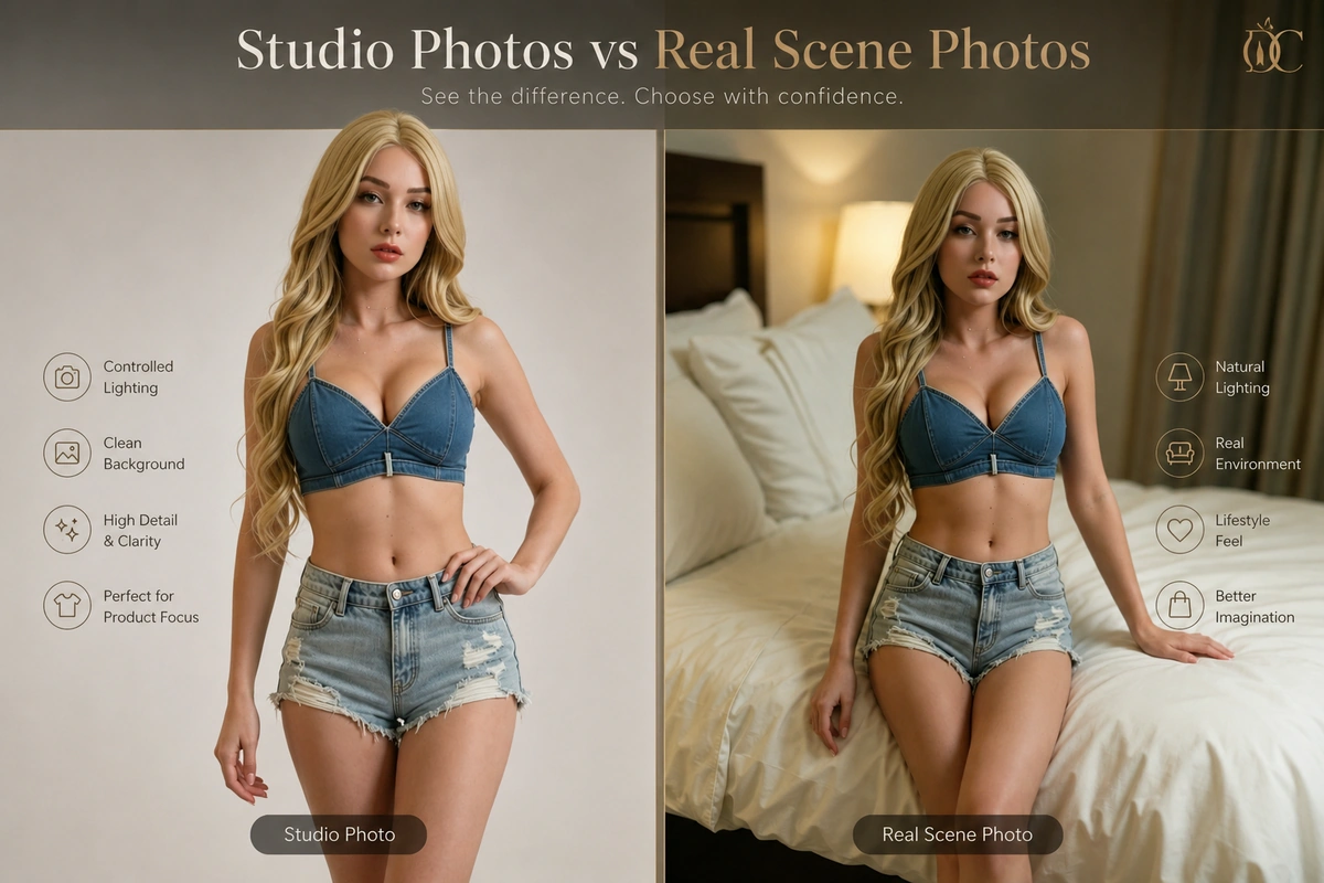 sex doll product photos comparison between studio photos and real scene images