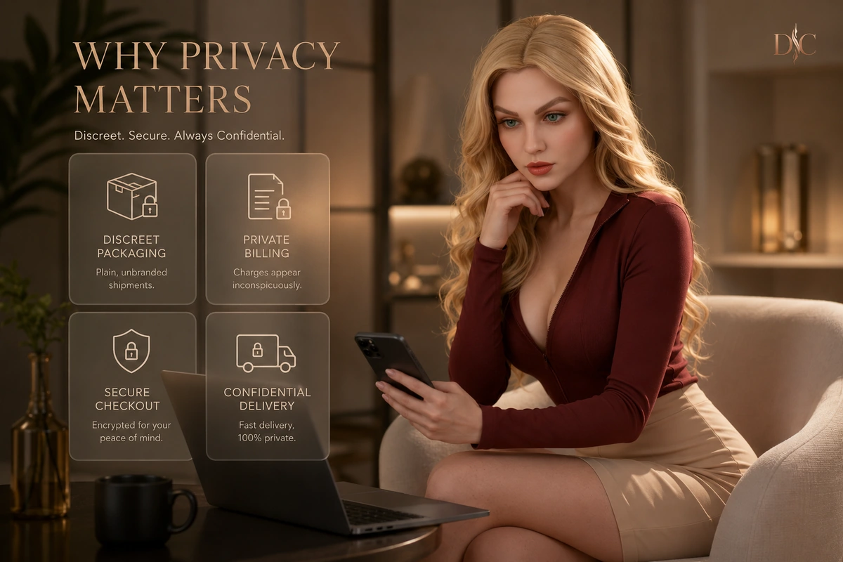 Adult doll privacy shopping scene with discreet online purchase and secure checkout